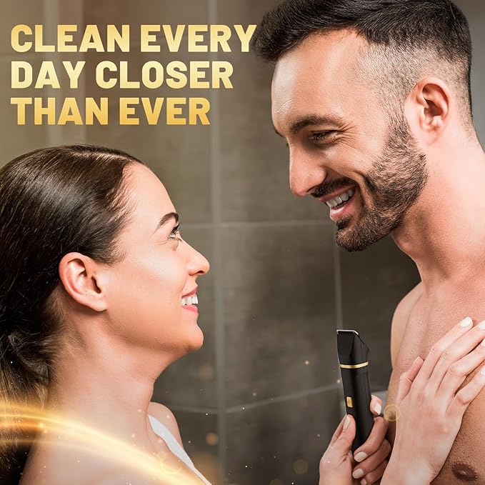 Electric Body Trimmer for Men, IPX7 Waterproof Groin and Pubic Hair Shaver, 2 in 1 Dual Head Grooming Kit for Beard Nose Ear, Cordless Rechargeable with Charging Dock, Ceramic Blades, Painless Trim