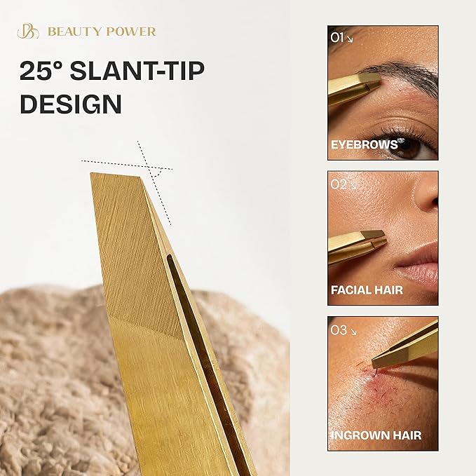Professional Tweezers Set – Slant & Point, Ultra Precision German Stainless Steel Tweezers for Eyebrows, Chin, Ingrown Hair & Facial Grooming – Lightweight with Travel Case (Matte Gold)