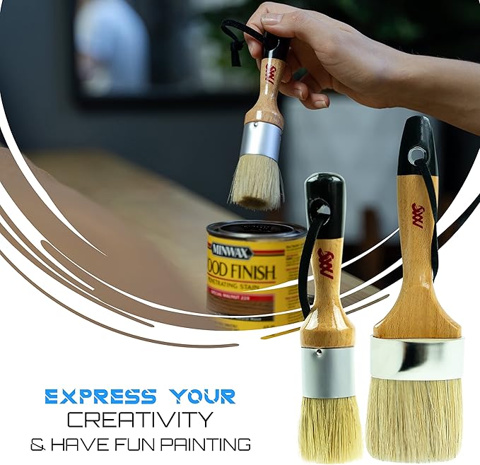 Chalk Paint Brushes Set, Pack of 2 Wax Brush - 2.5 Inches Large, Natural Bristles, Perfect for Furniture Painting, Stencils, Waxing - No Shedding, Superior Paint Pick-Up & Release