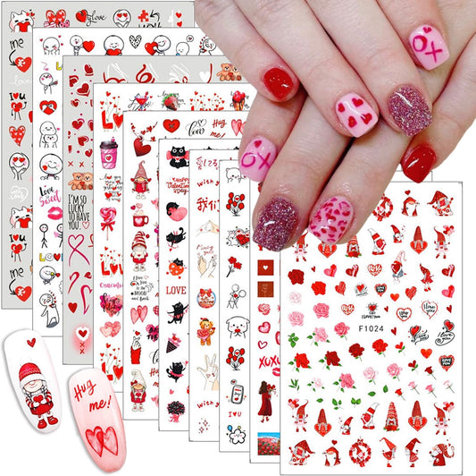 10 Sheets Valentine's Day Nail Art Stickers 3D Self-Adhesive Heart Nail Decals Red Pink Rose Lips Gnome Design Nail Sticker Cute Cartoon Valentines Nail Art Supplies for Women Manicure Decoration DIY