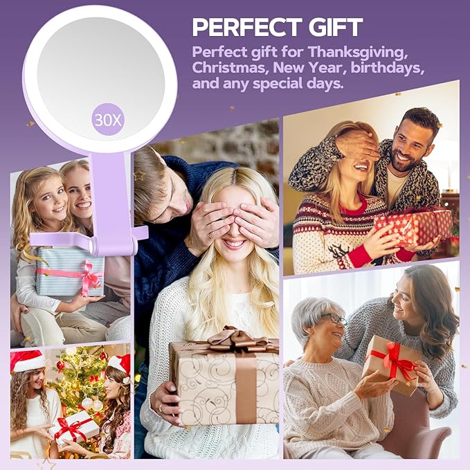 Lighted Makeup Mirror, 30X Magnifying Mirror with Light, Hanging and Handheld Mirror with Handle, Purple