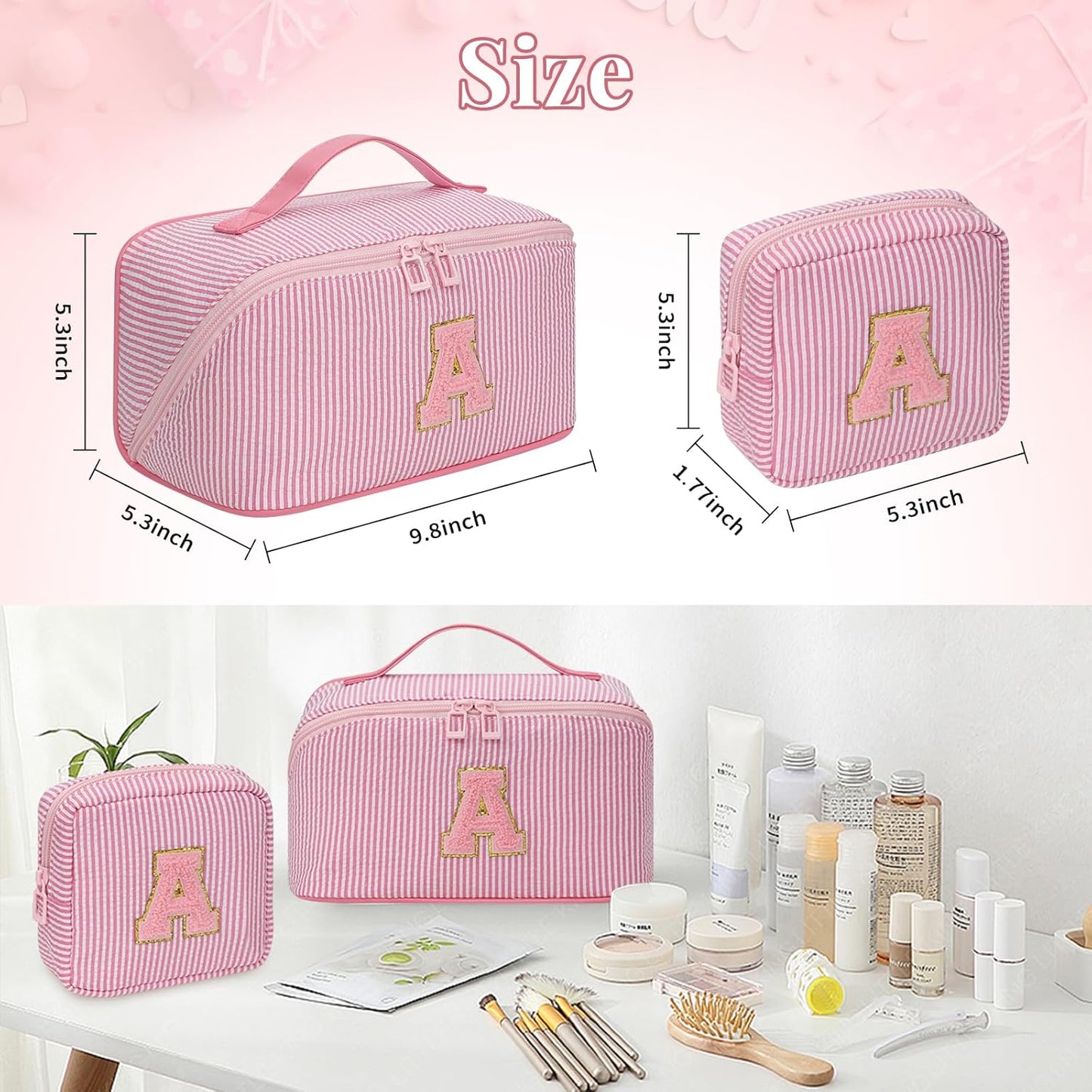 Travel Makeup Bag for Women, 2Pcs Portable Personalized Initial Makeup Organizer Bag, Open Flat Large Cosmetic Bag With Travel Essential Pouch (Pink Letter T)