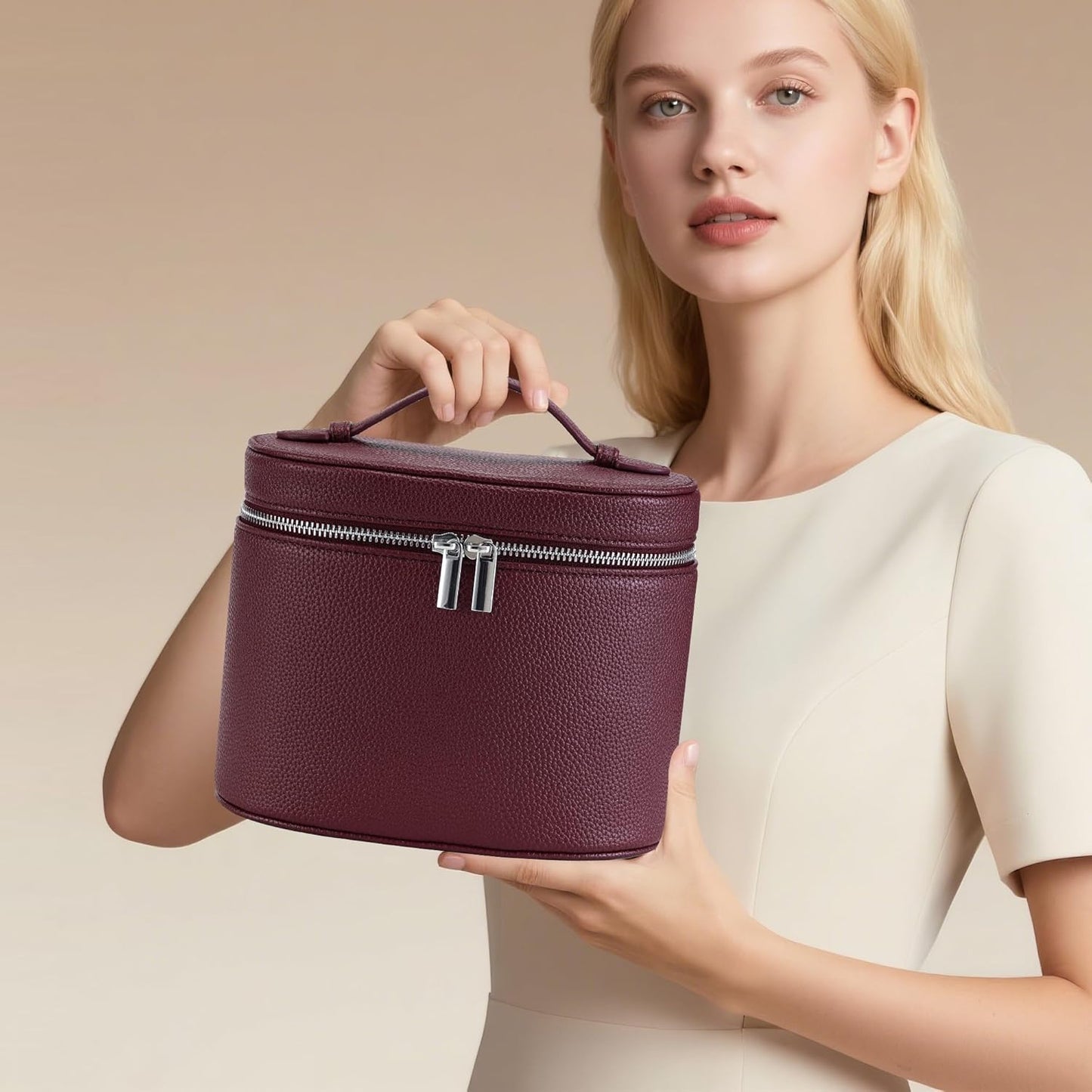 Makeup Bag Vanity Case Cosmetic Bag with Removable Divider Travel Toiletry Bag for Women Portable Make up Box Organizer, Burgundy