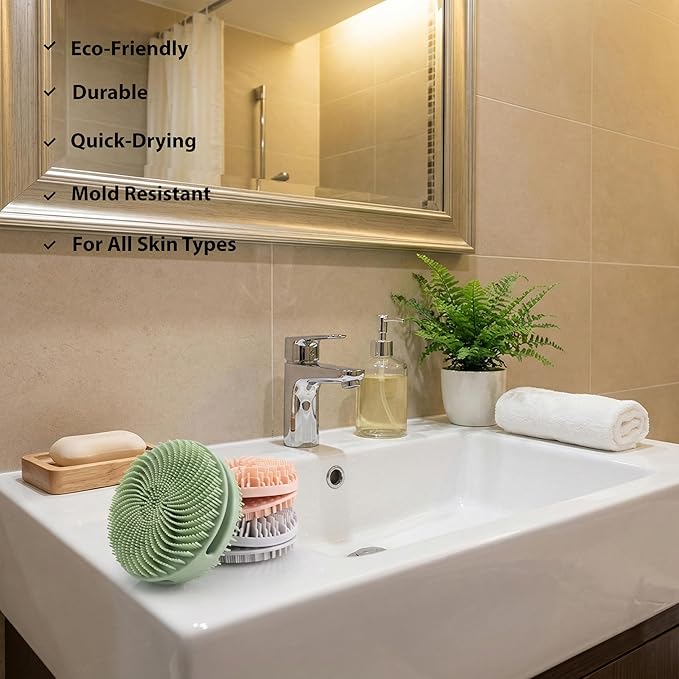 2 Pack Silicone Exfoliating Body Scrubber, Silicone Body Brush, Soft Silicone Loofah for Sensitive Skin, Shower Head Massager, Easy to Clean, Lathers Well(Gray&Green)