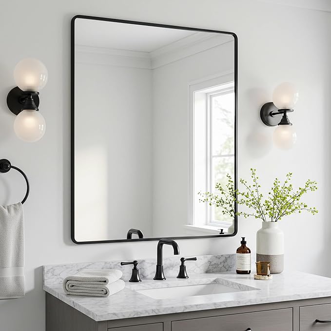 30x40 Inch Matte Black Bathroom Mirror - Copper-Free Mirror, Metal Frame Vanity Rectangle Wall Mounted Modern Mirror for Bedroom/Living Room/Porch Horizontal or Vertical