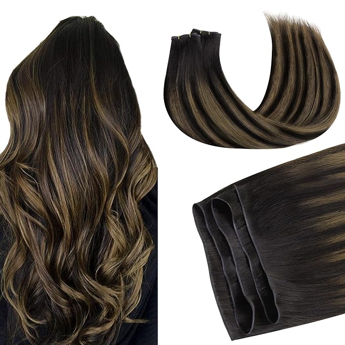 GOO GOO Genius Weft Hair Extensions Human Hair, Sew In Hair Extensions Rooted Remy Weft, 1B/6/1B Balayage Natural Black to Chestnut Brown 22inch 120g, Hand Tied Weft Hair Extensions