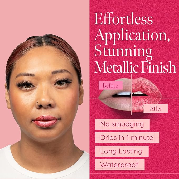 Aromi Metallic Liquid Lipstick | Peachy Pink, Coral Lip Color with Shimmery Finish, Long-lasting, Vegan, Cruelty-free, Smudge Proof, Gluten Free (Rose Gold)