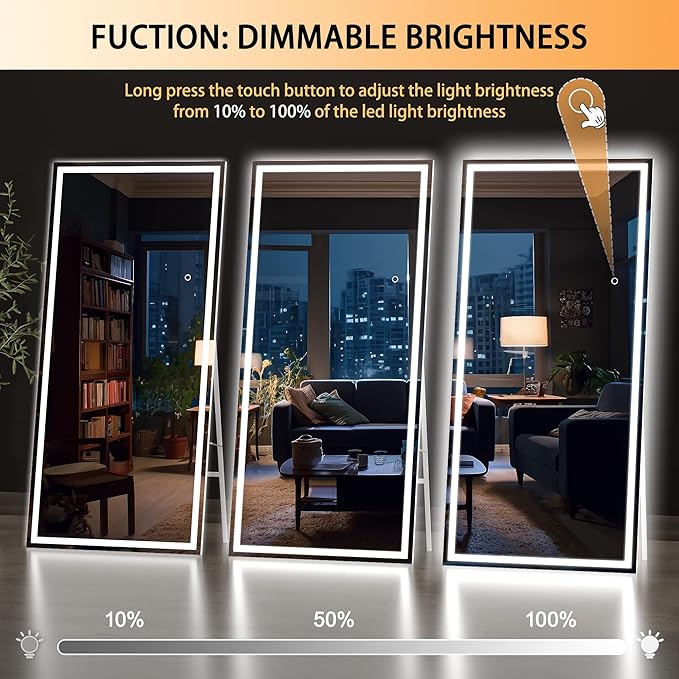 Hasipu Oversized 79” x 32" Full Length Mirror with Lights, LED Lighted Floor Standing Mirror, Full Body Dressing Hanging Mounted Mirrors, Dimmable, Tempered Glass, Safe to Use, Square White
