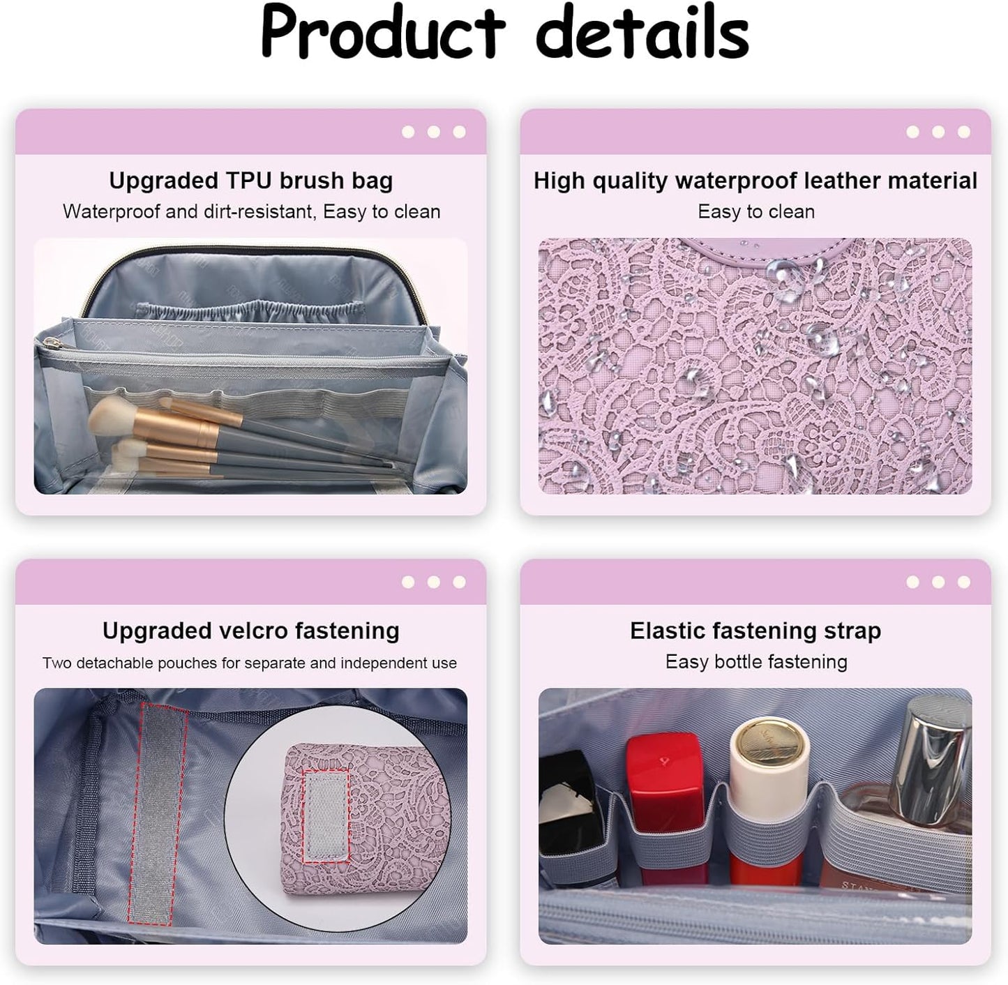 BOYATU Travel Makeup Bags for Women: Vegan Leather Cosmetic Bag Set of 3 - Large Capacity Make up Bag with Divider - Wide Open Waterproof Toiletry Organizer Bag with Handle (L12-Violet)