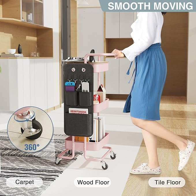 DTK 3-Tier Metal Utility Rolling Cart with Table Top and Side Bags, Art Craft Cart with 4 Hooks for Kitchen, Bathroom, Office, Living Room (Pink)