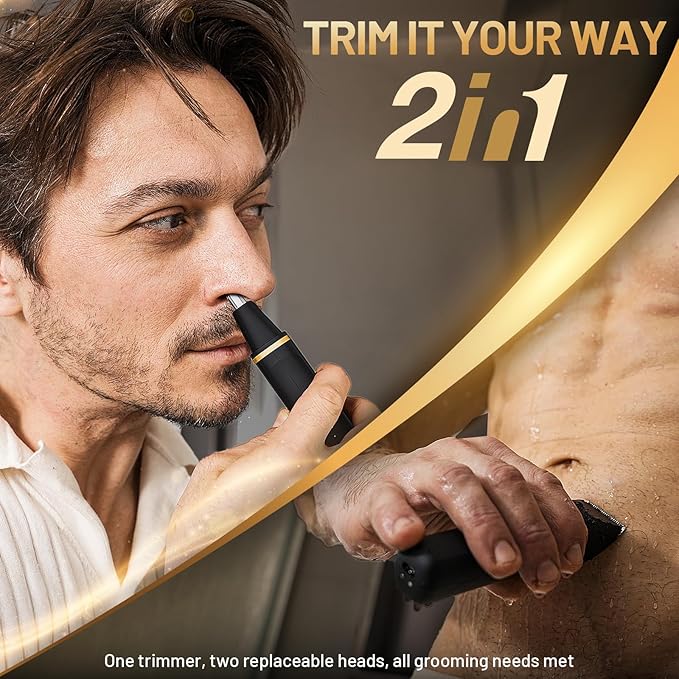Electric Body Trimmer for Men, IPX7 Waterproof Groin and Pubic Hair Shaver, 2 in 1 Dual Head Grooming Kit for Beard Nose Ear, Cordless Rechargeable with Charging Dock, Ceramic Blades, Painless Trim