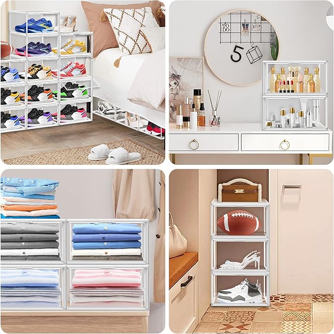 1 Pack Clear Shoe Boxes Size 12 Shoe Storage Organizer for Closet Stackable Shoes Rack Handbag Organizer Plastic Sneaker Storage Bin with Magnetic lids