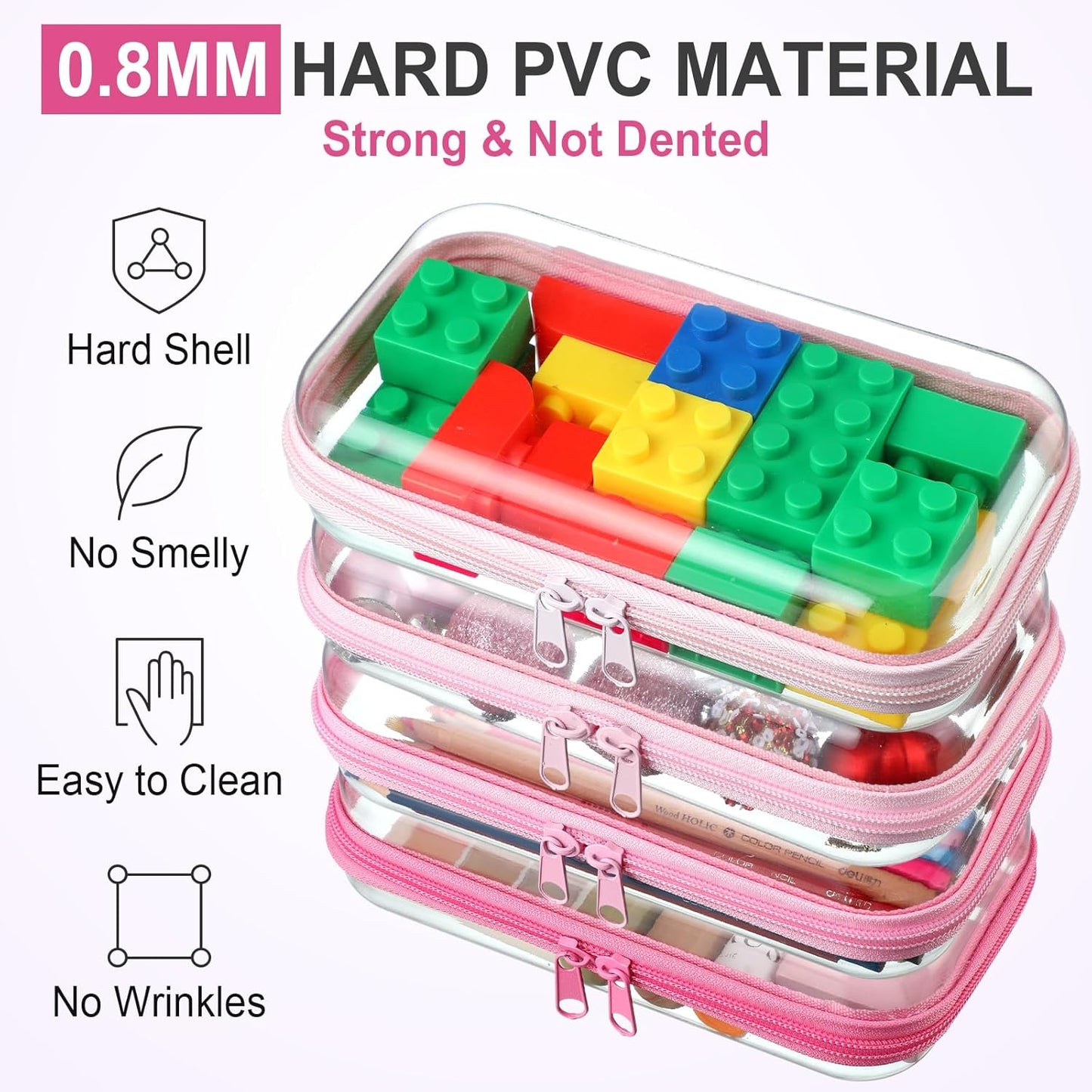 Hoolerry 4 Pcs Hard Clear Zipper Case Makeup Bags Plastic Pencil Pouch Transparent Storage Box Containers for Cosmetics, Snacks, Building Blocks, Puzzles(Pink,7.5 x 3.9 x 2 in)