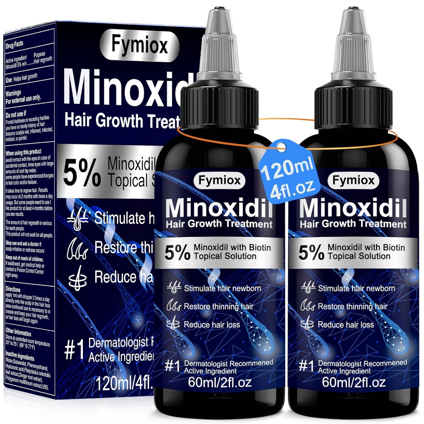 5% Minoxidil for Men and Women Hair Growth Oil, Monoxide Beard Hair Growth Serum Products, Hair Regrowth Treatment for Hair Loss, Thicker Fuller Hair (2 x 60ML)
