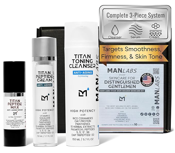 Titan Peptide 3-Piece Anti-Aging Mens Skin Care Kit – Wash, Face Serum, Mens Face Moisturizer – Men, Skin Care Set – Dark Spots, Wrinkles, Fine Lines – Vitamin C, Niacinamide, HA – Unscented