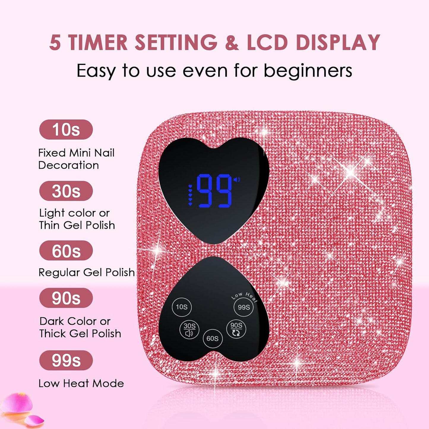 UV LED Nail Lamp Cordless, HUITINE 80W Rechargeable UV Light for Gel Nails with 5 Timers & Mirror Base, Professional Gel Light Dryer, Sparkling Rhinestones Curing Lamp for Salon & Home (Pink Diamond)