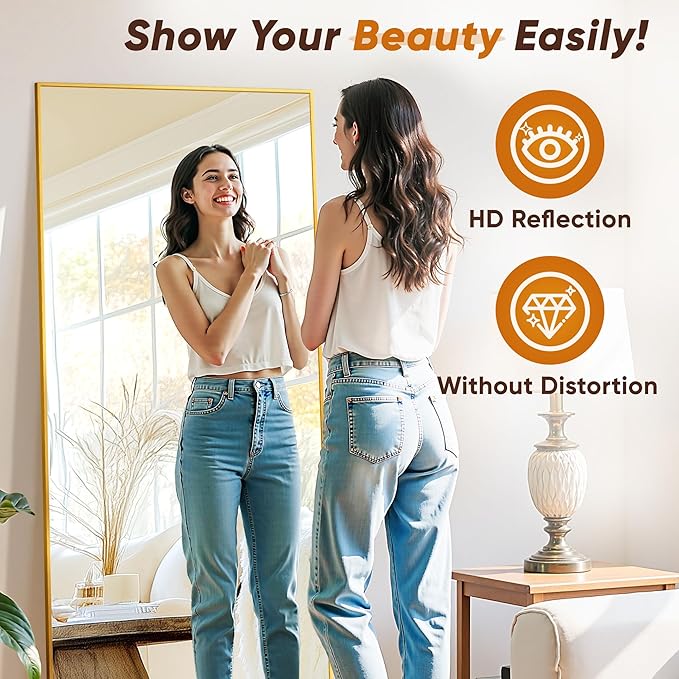 Suidia Full Length Mirror, 76"x34" Floor Mirror Freestanding, Rectangular Full Body Mirrors with Stand for Bedroom, Hanging Mounted for Living Room Cloakroom, Gold