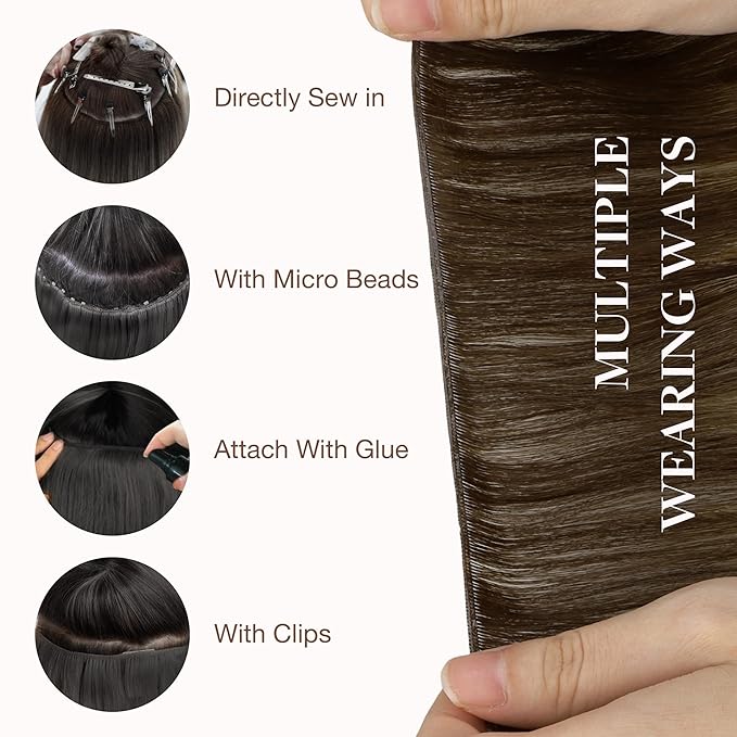 GOO GOO Genius Sew In Remy Weft Hair Extensions, 4/27/4 Balayage Chocolate Brown to Caramel Blonde 16inch 100g, Hand Tied
