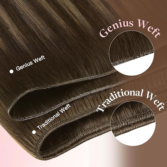 GOO GOO Genius Human Hair Extensions, Sew In Remy Weft, 4/27/4 Balayage Chocolate Brown to Caramel Blonde 14inch 40g, Hand Tied Weft