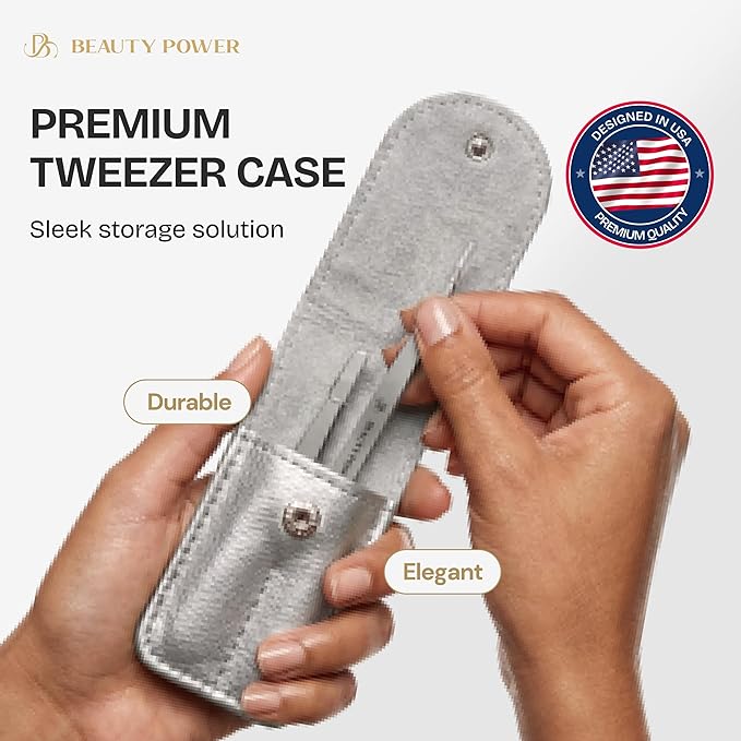 Professional Tweezers Set – Slant & Point, Ultra Precision German Stainless Steel Tweezers for Eyebrows, Chin, Ingrown Hair & Facial Grooming – Lightweight with Travel Case (Matte Grey)