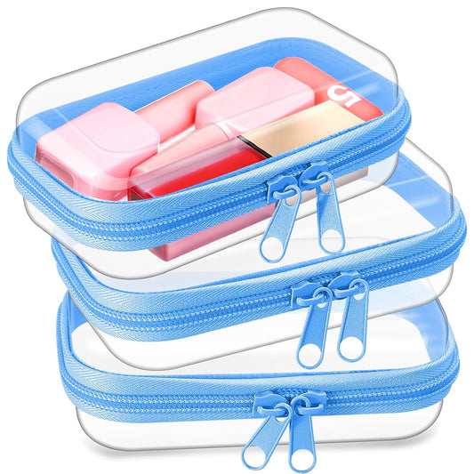 Hoolerry 3 Pcs Clear Hard Zipper Case Plastic Pouch Transparent Hard Case Clear Makeup Bag Portable Travel Organizer Bin for Cosmetics, Building Blocks, Puzzles(Blue,Xs)