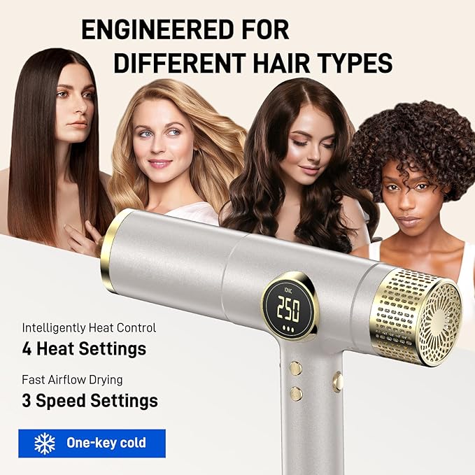 Dual Voltage Travel Hair Dryer with Diffuser - Professional High-Speed Ionic Blow Dryer for Women, Gold, HD01