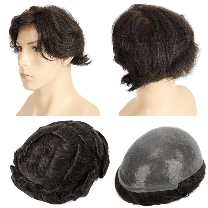 Mens 0.08mm Thin Skin Base Toupee, Natural Black with 10% Gray Hair 8x10 Inch Base Size V-Looped Invisible Hairline 110% Medium Density