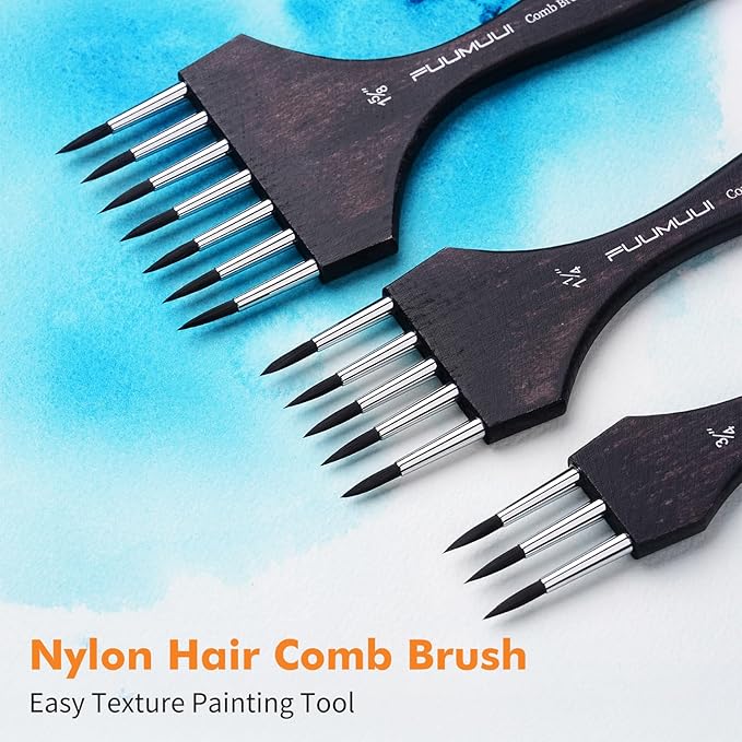 Multi-Head Round Comb Brush Set - Fuumuui 3Pcs Professional Synthetic Brushes, Designed for Textures and Special Effects for Acrylic Painting, Oil & Watercolor - Texture Brushes, Short Handle