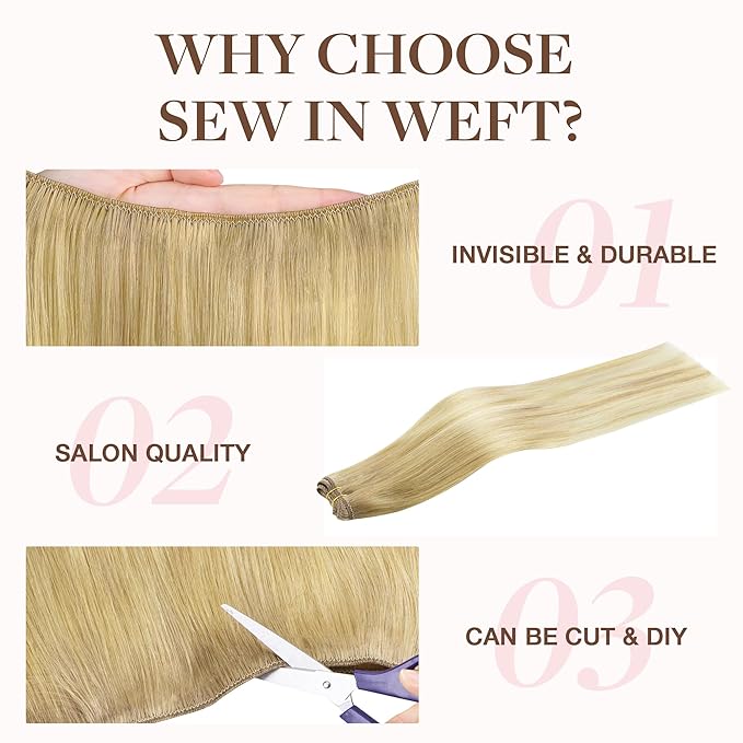 GOO GOO Sew in Hair Extensions Real Human Hair, Weft Hair Extensions Human Hair, 18A/60 Blonde Balayage 20inch 100g, Weft Bundles Straight Silky Remy Hair