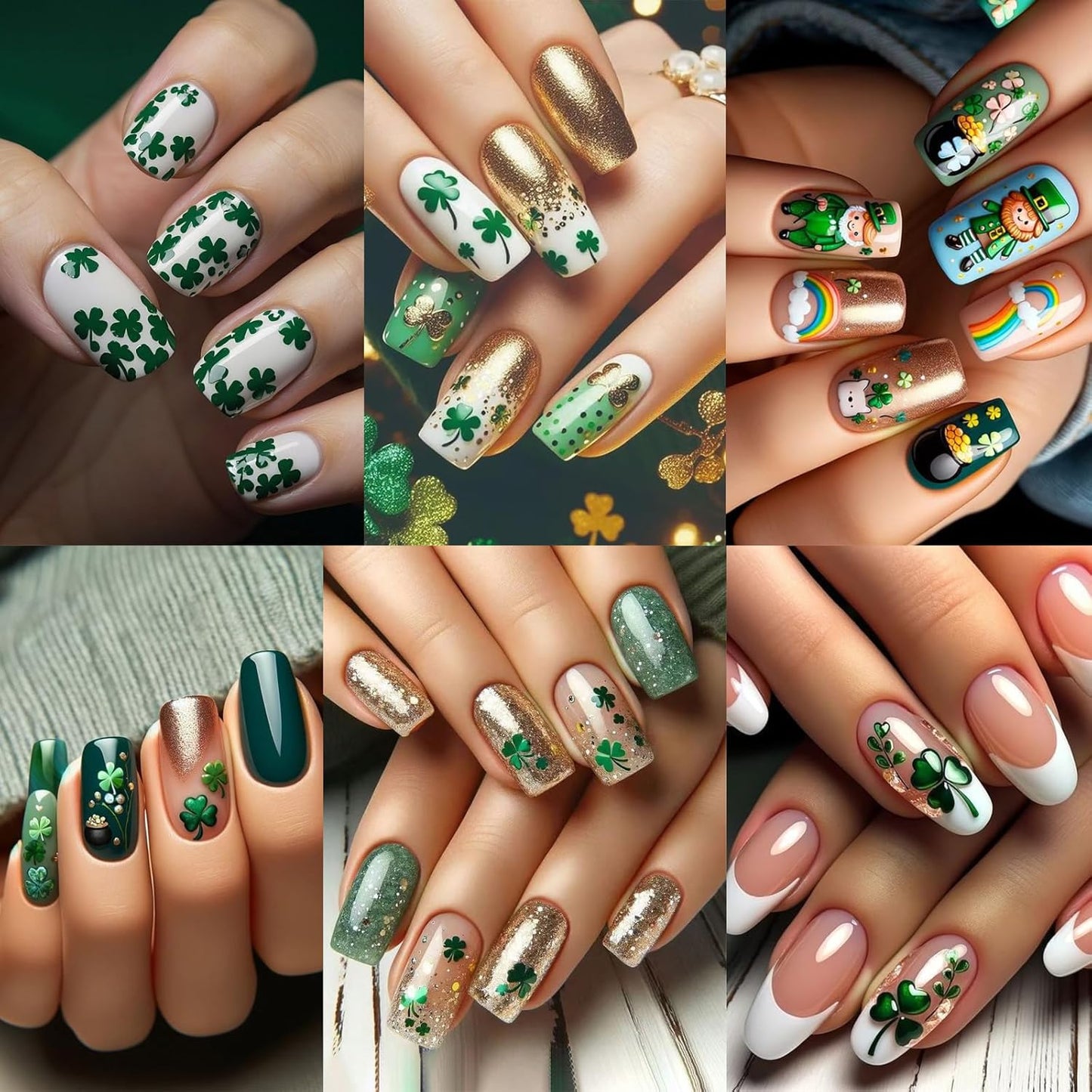 10 Sheets St. Patrick's Nail Art Stickers Green Shamrock 3D Self-Adhesive Four-Leaf Clover Nail Decoration Formal Hat Flag Nail Decals Lucky for Women Irish Spring Summer Design Manicure Decor
