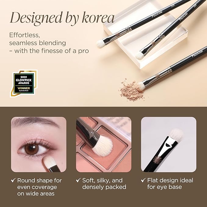 Piccasso 239 Eyeshadow Brush – Korean Eye Makeup Brush with Soft Goat Hair Bristles, Flat and Rounded Shape for Smooth Base Application and Blending, Essential Eye Shadow Brush for Daily Makeup
