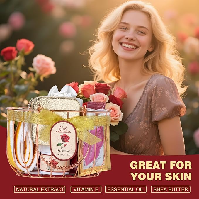 21Pcs Bath and Body Gift Basket Set for Women Valentines Day Gifts- Rose Vanilla XL Spa Gift Basket for Women Gifts｜ Bath Gift Set Home Spa Self Care Kit Necklace Finger Ring gift, Birthday Gift