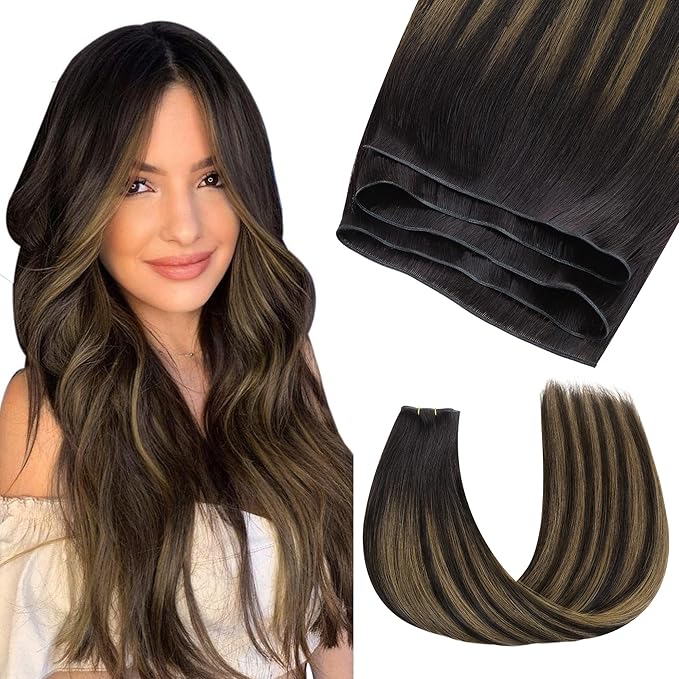 GOO GOO Genius Sew In Remy Weft Hair Extensions, 2/6/2 Balayage Dark Brown to Chestnut Brown 20inch 60g, Hand Tied