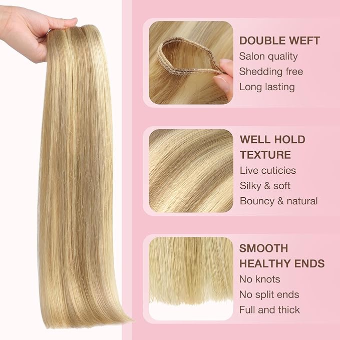 GOO GOO Sew in Hair Extensions Real Human Hair, Weft Hair Extensions Human Hair, 16/22 Light Blonde Highlighted Golden Blonde 24inch 120g, Weft Bundles Straight Silky Remy Hair
