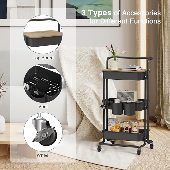DTK 3 Tier Rolling Cart Uility Cart with Cover Board, Mobile Storage Cart with Wheels, Cups, Hooks for Office Utility Kitchen Bathroom Homeschool Art Craft Postpartum Teacher Cart Organizer(Black)