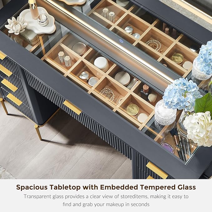 T4TREAM 48" Fluted Makeup Vanity Desk with 48" Large Mirror and HD LED Lights, Modern Vanity Table with 9 Drawers & Charging Station, Glass Top and Golden Handles Dressing Table for Bedroom,Dark Grey