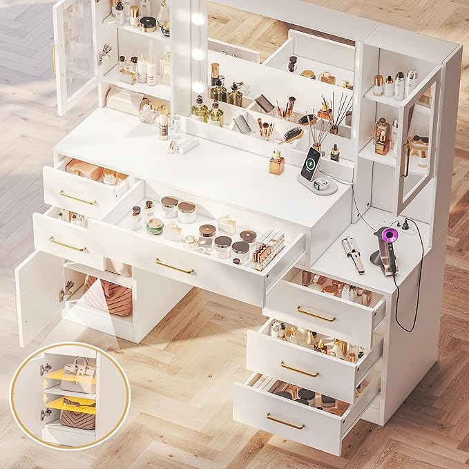 Makeup Vanity Desk with Mirror and Lights, 51" Makeup Vanity with Lights & Charging Station, Dressing Table Vanity Set for Bedroom, White Vanity Table with Cushioned Stool, 6 Drawers and 3 Cabinet