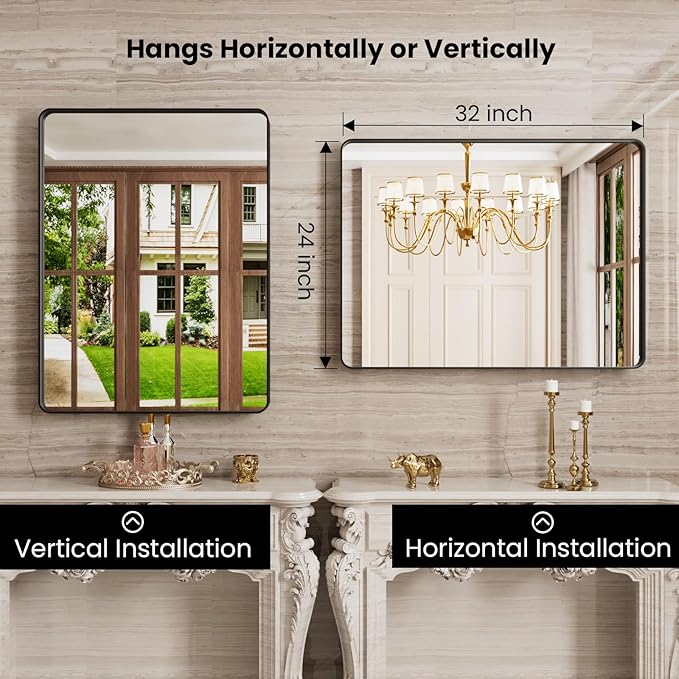 Black Bathroom Mirror Wall Mounted Vanity Mirror with Rounded Corner Metal Framed, Tempered Glass, Anti-Rust(Horizontal/Vertical), 22 x 30 Inch