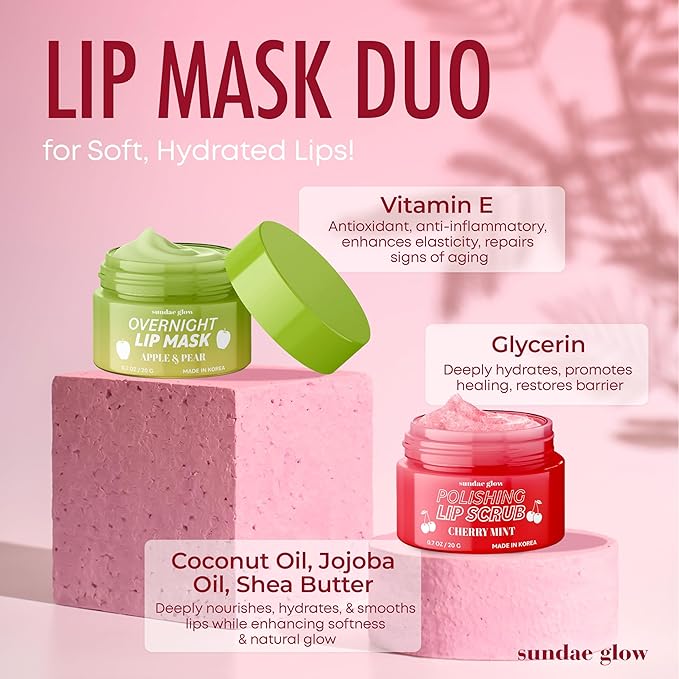 Lip Mask & Scrub – Apple, Pear, Cherry & Mint – Hydrates, Exfoliates, Softens, Repairs Dry & Chapped Lips – Dermatologist Tested, Korean Skin Care – Vegan, Clean Beauty – Duo Pack