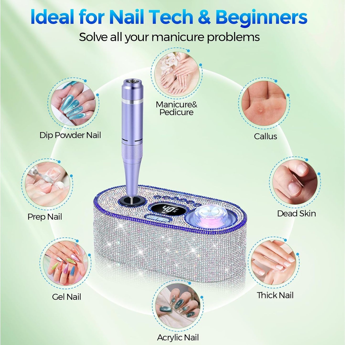 Nail Drill Electric File: DEDNMSCA Sparkly Professional Nail Drill Kit, 40000RPM E-file Machine with USB LED Light and 12 Drill Bits for Acrylic Nail Remove Gel Polish Manicure for Salon Home, Diamond