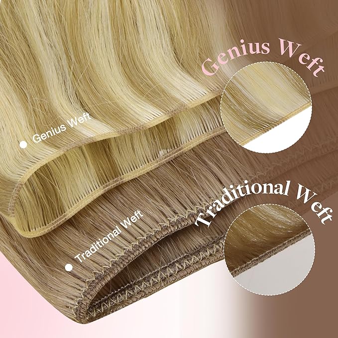 GOO GOO Genius Weft Hair Extensions Human Hair, Sew In Hair Extensions Rooted Remy Weft, 60A Platinum Blonde 20inch 60g, Hand Tied Weft Hair Extensions