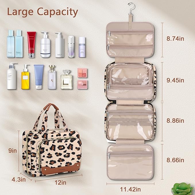 Wedama Toiletry Bag for Women, Hanging Travel Toiletry Bag with Jewelry Organizer Compartment Large Makeup Bag, PVC Waterproof Cosmetic Travel Bag Trips Camping Bathroom, Leopard Print