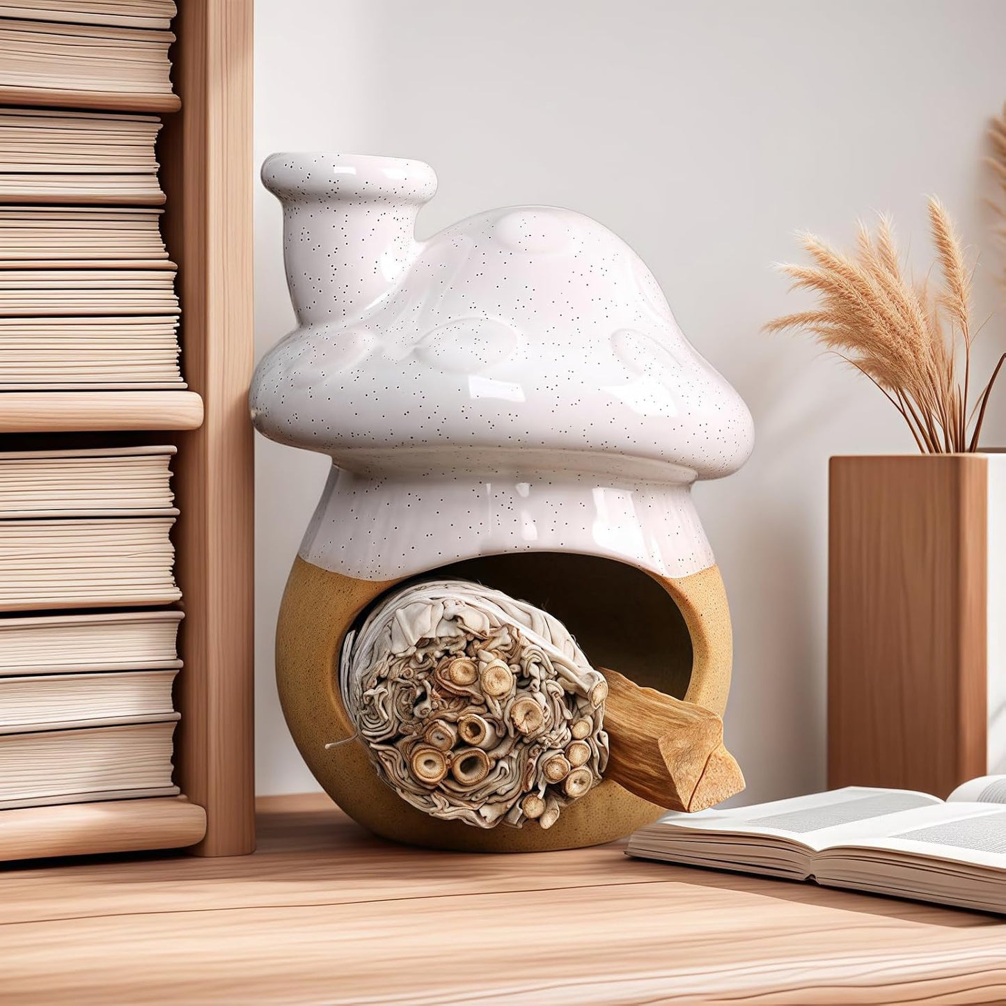 Mushroom Incense Holder, Brown Ceramic Palo Santo Holder Burner & Sage Holder - Mini Tabletop Chiminea Burner Tray with Ash Catcher, Cute Mushroom Decorations for Spiritual Meditation & Yoga