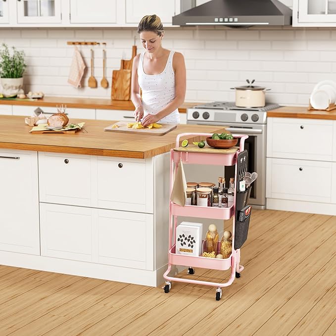 DTK 3-Tier Metal Utility Rolling Cart with Table Top and Side Bags, Art Craft Cart with 4 Hooks for Kitchen, Bathroom, Office, Living Room (Pink)