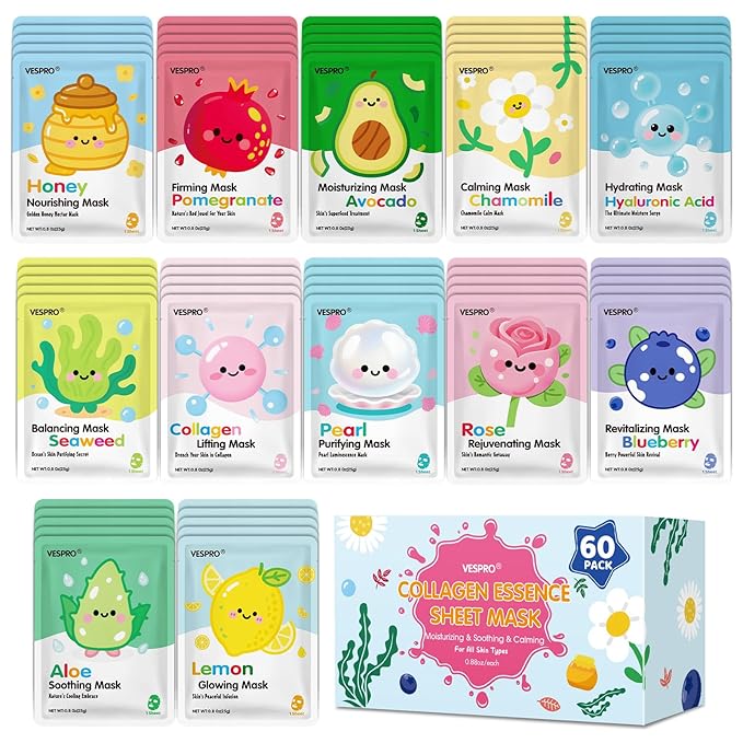 60 Pack Bulk Collagen Facial Masks, moisturizing & Hydrating Face Masks for Women, Skin Care for All Skin Types, Stocking Stuffers, Christmas Gifts, Sleepover Party for Teen Girls(12 Types x 5 Pcs)