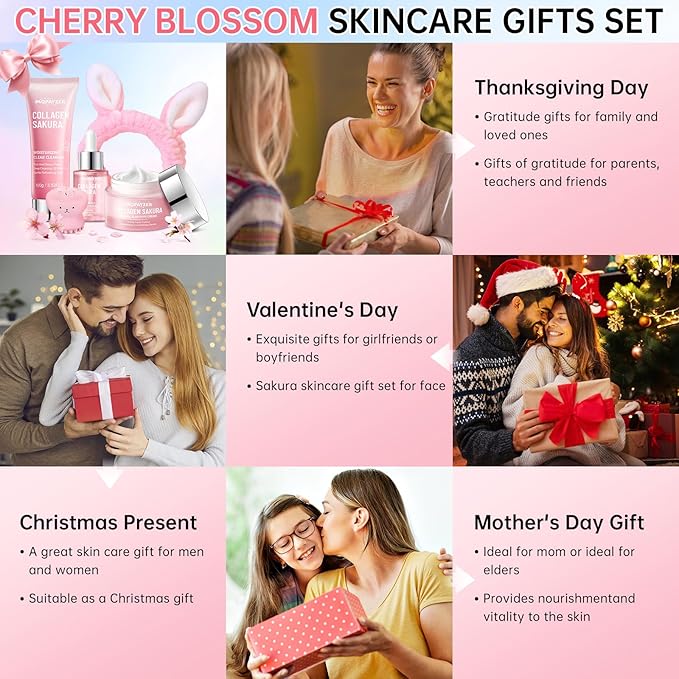 Sakura Skin Care Set for Teen Girls, Skincare Gift Set for Teens 10-12, Hydrating & Soothing, 5 Pcs Collagen Skincare Routine Kit for Women with Cleanser, Serum, Cream, Bunny Headband, Cleansing Brush
