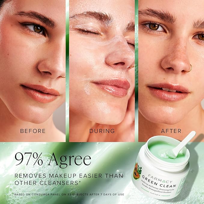 Farmacy Makeup Remover Cleansing Balm - Green Clean Waterproof Makeup Remover Balm + Oil Cleanser for Face - Gently Melts Make Up + SPF - Hydrates + Softens Skin with Super Greens + Papaya (12ml)