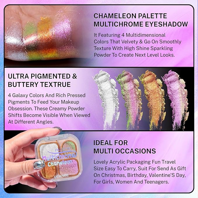 UCANBE Chameleon Shimmer Eyeshadow Makeup Palette, 4 Colors Metallic Glitter Multichrome Eye Shadow Pallet, High Pigmented Creamy Sparkling Duo Chrome Multidimensional Eye Make Up Kit