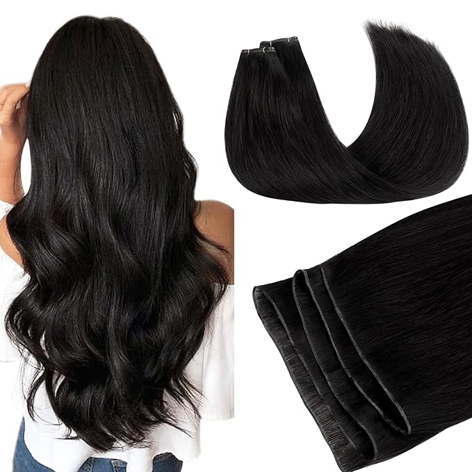GOO GOO Genius Weft Hair Extensions Human Hair, Sew In Hair Extensions Rooted Remy Weft, 1B Natural black 14inch 80g, Hand Tied Weft Hair Extensions