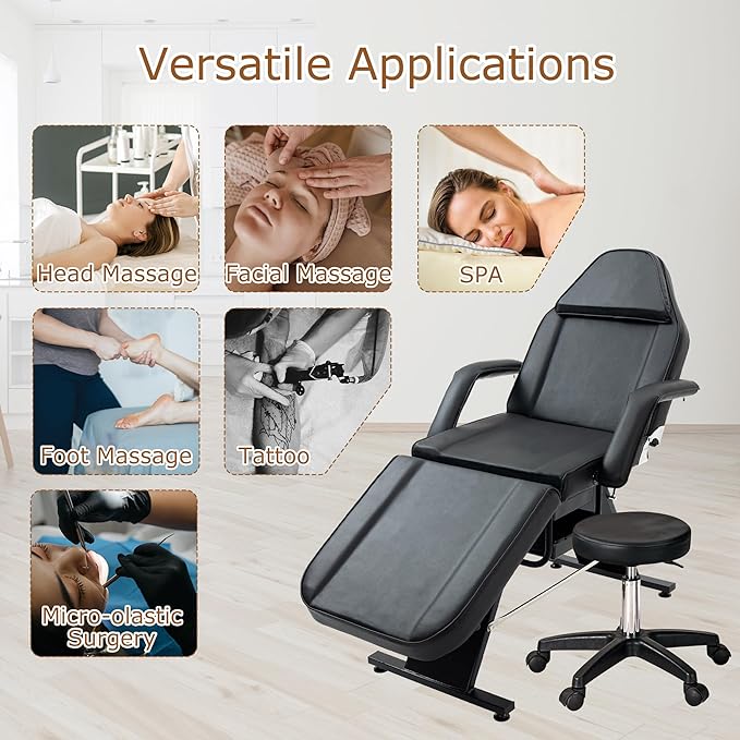 Favfurish Massage Salon Tattoo Chair,Multi-Purpose 3-Section Facial Bed Table, with Hydraulic Stool and Two Trays, Adjustable,fit for Beauty,Barber,Spa,Easy to Assemble, Black